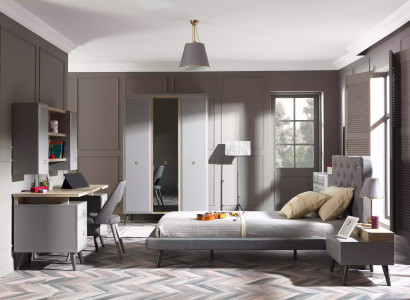 Jugendbett Schlafzimmermöbel Holzbett Komplette Bett Grau Set 5tlg